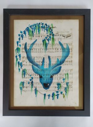 Aquarelle sur partition "Cerf bleu"