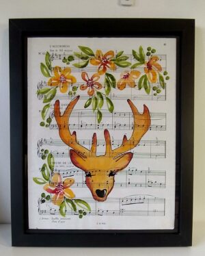 Aquarelle sur partition "Cerf jaune"