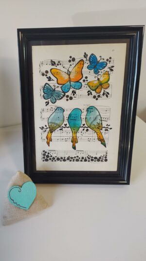 Aquarelle papier du grenier "Oiseaux orangés bleus"