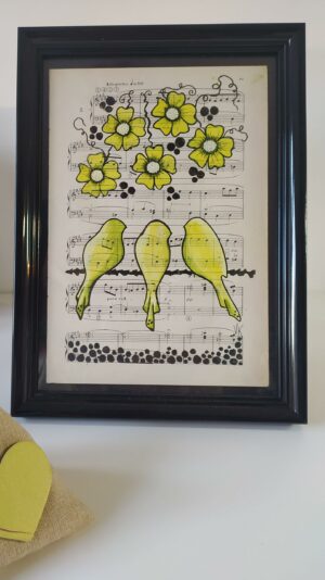 Aquarelle papier du grenier "Oiseaux jaunes citron"