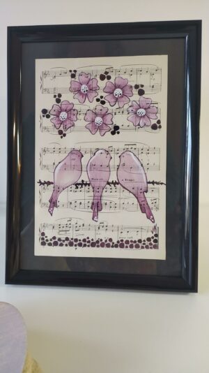 Aquarelle papier du grenier "Oiseaux roses"