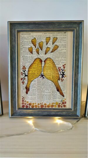 Aquarelle papier du grenier "Les inséparables jaunes"